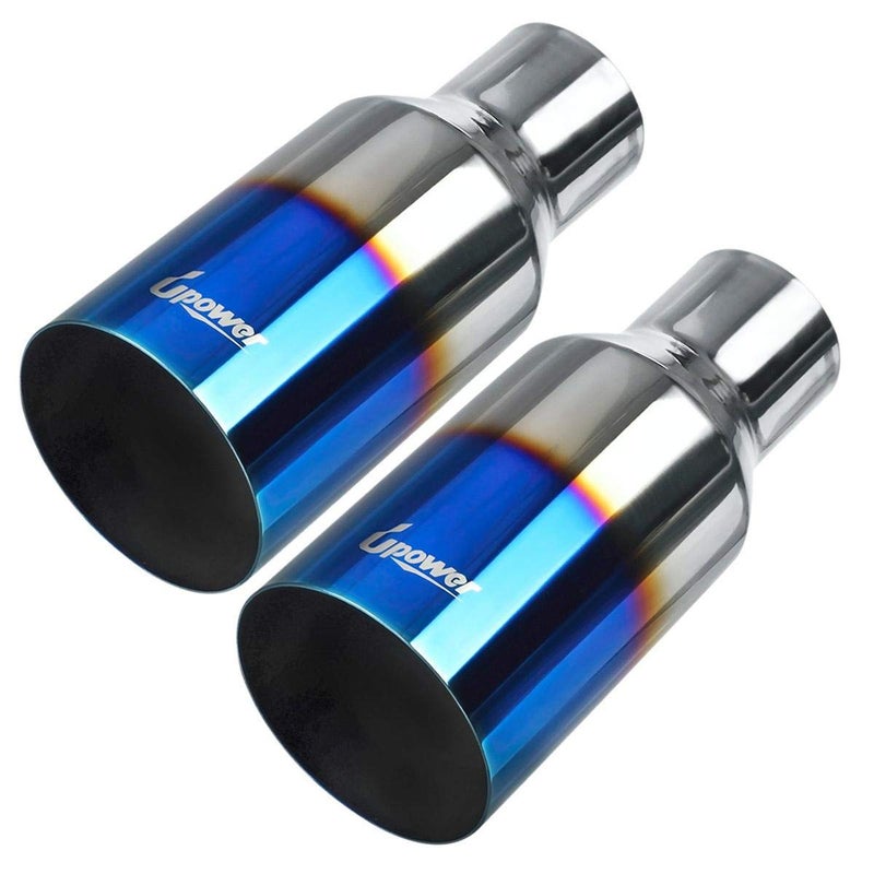 Upower Blue Burnt Exhaust Tip 2.5" Inlet 4" Outlet 9" Long 2 1/2" to 4" Exhaust Tailpipe Weld on Single Layer Straight Cut 304 Stainless Steel (2PCS) - Image 1